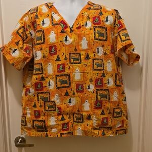 UA Scrubs Top Orange Halloween Print Shirt XL